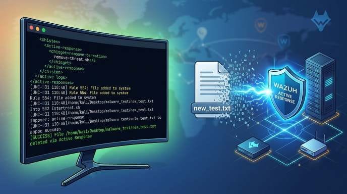 Wazuh Active Response tutorial diagram showing a local automated defense robot arm deleting a test file on a Kali Linux terminal.