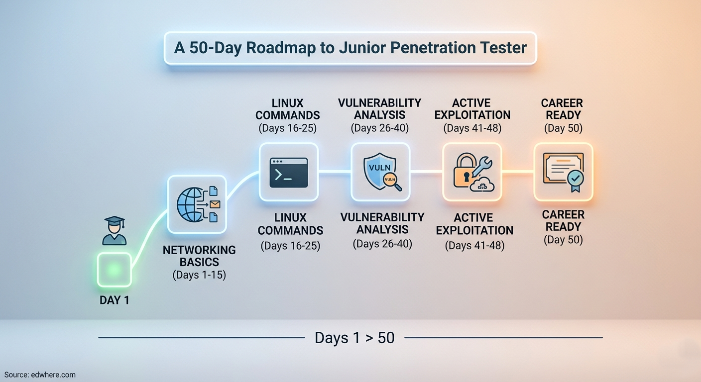 A 50-day visual roadmap for becoming a Junior Penetration Tester,